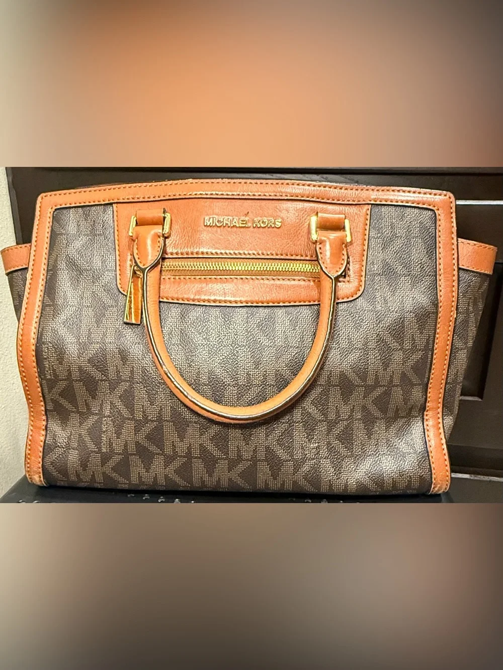 Michael Kors Brown & Tan Logo Satchel with Gold Hardware